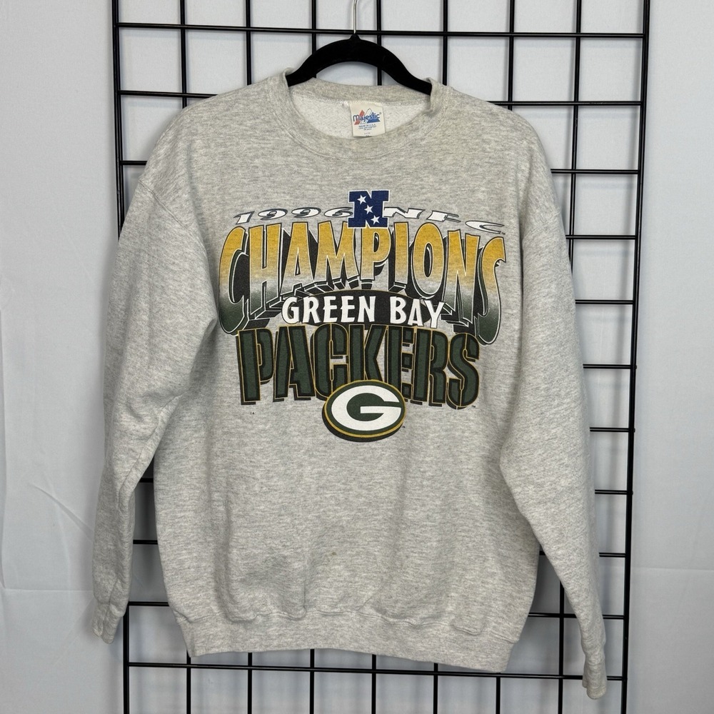 Vintage Majestic Green Bay Packers 1996 NFC Champions Sweatshirt Men Medium Gray